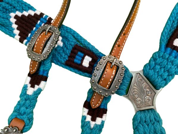 Showman Pony Size Corded One Ear Headstall &amp; Breast collar set - turquoise, black, and white #2